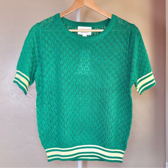 Women’s Lost + Wander Knit Short Sleeve Knit Top M/L Green Yellow Trim Tiny Flaw - Picture 1 of 7